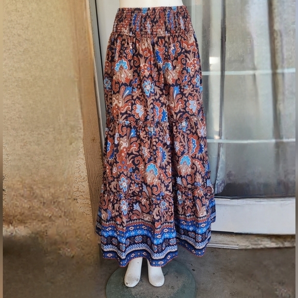 House Of Harlow 1960 Printed Maxi Skirt Smocked High Rise Pull-On - Picture 1 of 3